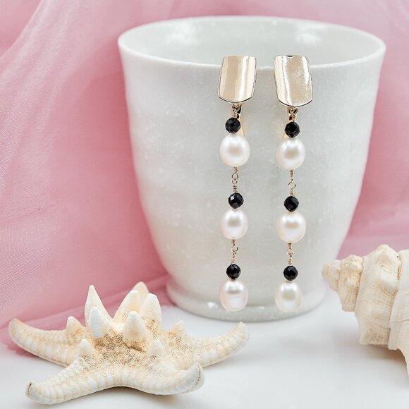 Pearl & Black Spinel Dangle Earrings, 14K Gold Filled Lever Back Earrings - Picture 7 of 9